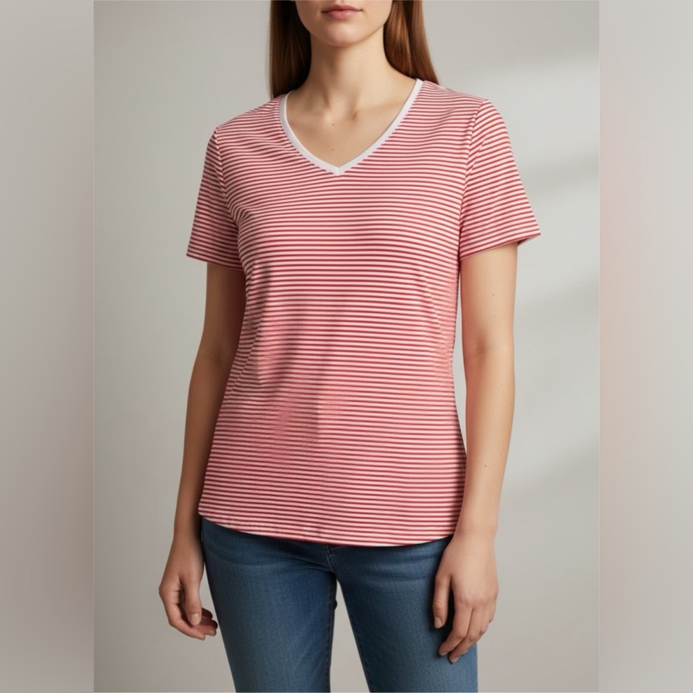 NWT Croft & Barrow Essential Tee, Red and White Striped With V-Neck Neckline XXL